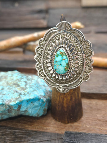 Stamped Sterling Silver and Sleeping Beauty Turquoise Hanging Hoop Earrings by Julia Etsitty