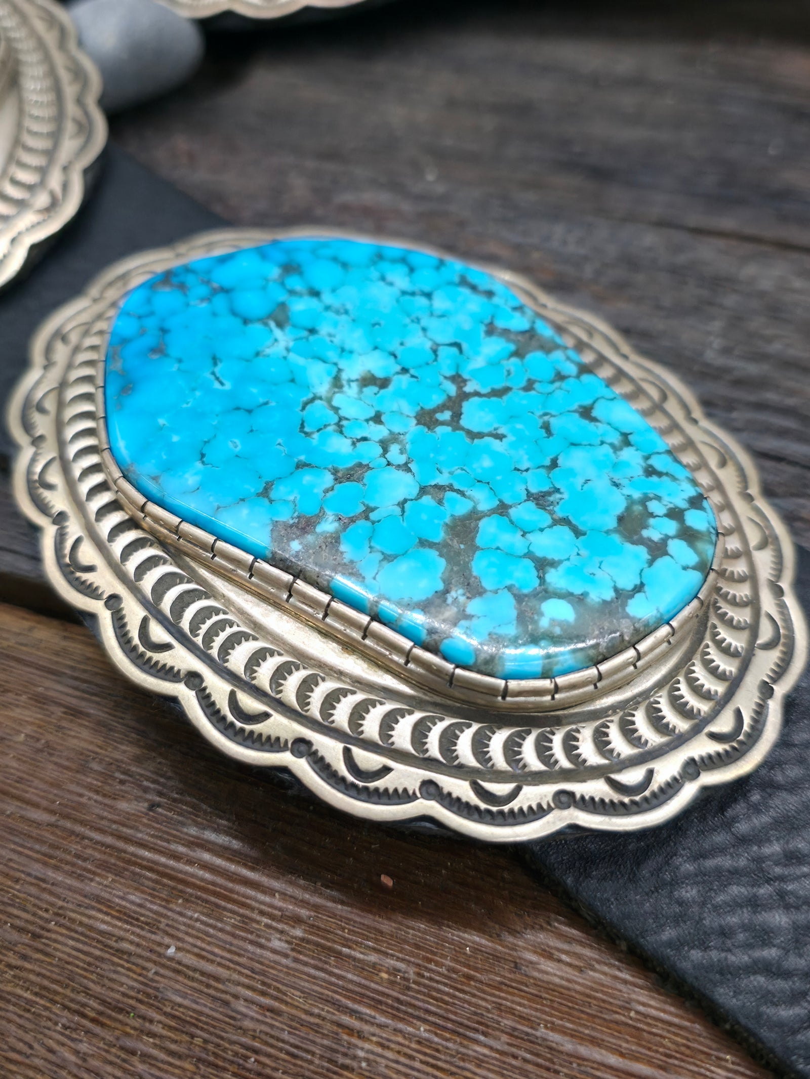 Stamped Sterling Silver Kingman Turquoise Concho Belt by Delbert Delgarito - 60 in.