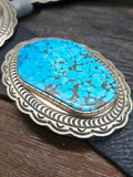Stamped Sterling Silver Kingman Turquoise Concho Belt by Delbert Delgarito - 60 in.