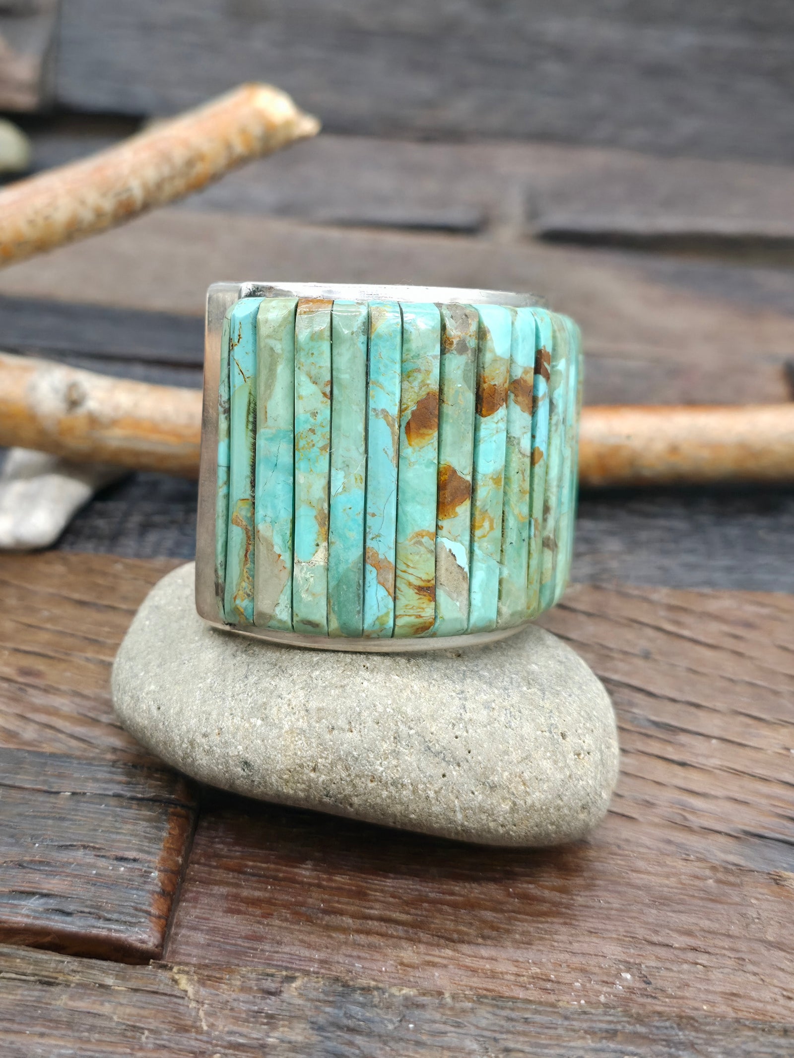 Wide Turquoise Cobblestone Inlay Sterling Silver Cuff by Louise Pete - 6 1/2 in. with Gap