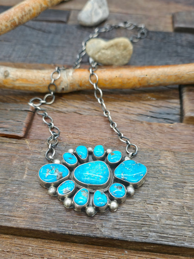 Sterling Silver Turquoise Cluster Pendant Necklace by Kathleen G. - 20 in.