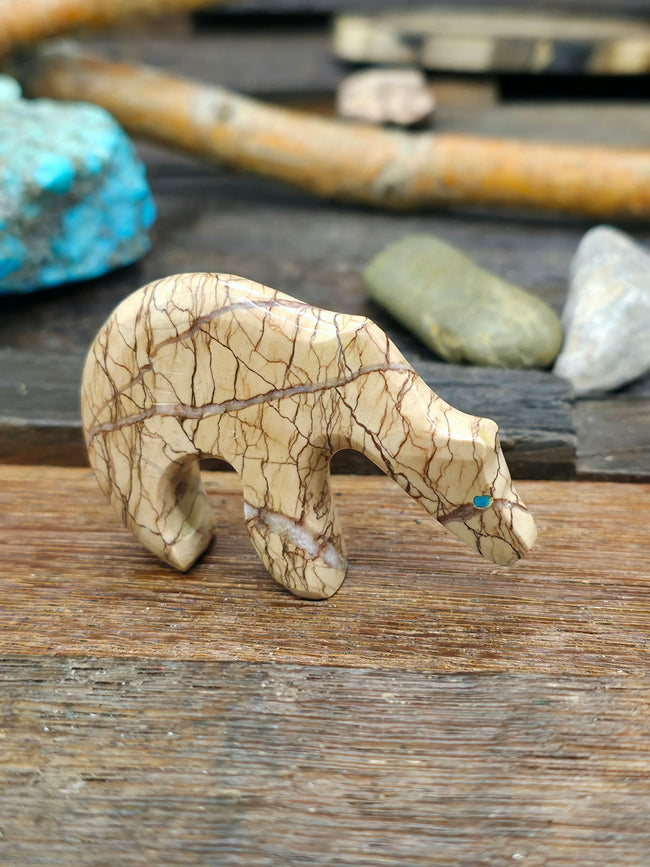 Hand Carved Bear Fetish with Turquoise and Coral Inlay