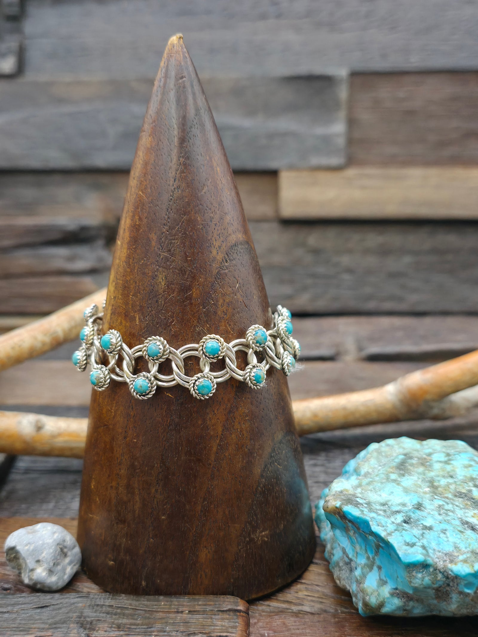 Sterling Silver Teal Turquoise Snake Eye Bracelet by Dillion Cheama - 7 in.