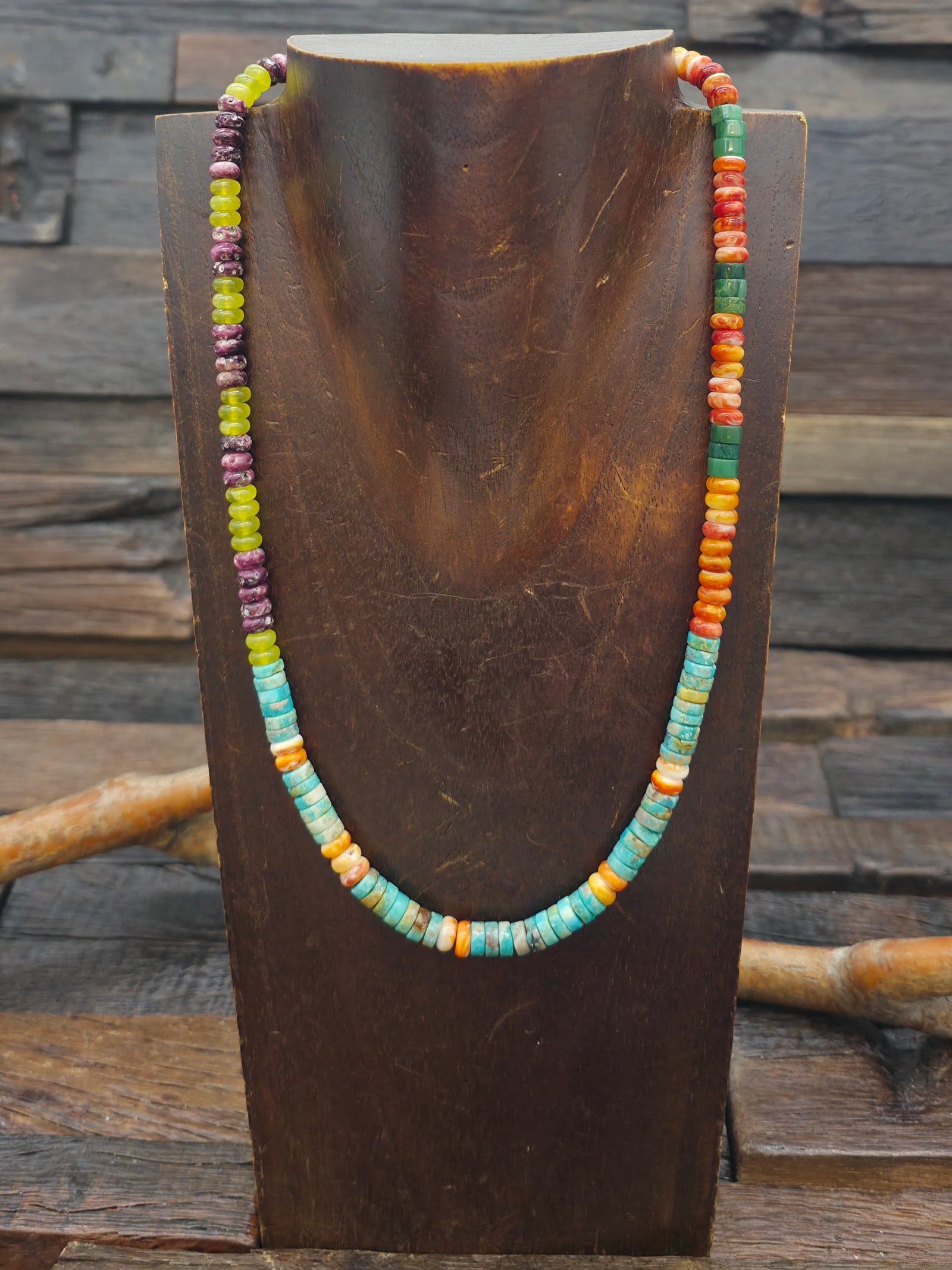Blue Turquoise, Serpentine, and Orange and Purple Spiny Necklace by Fred Archuleta - 19 in.