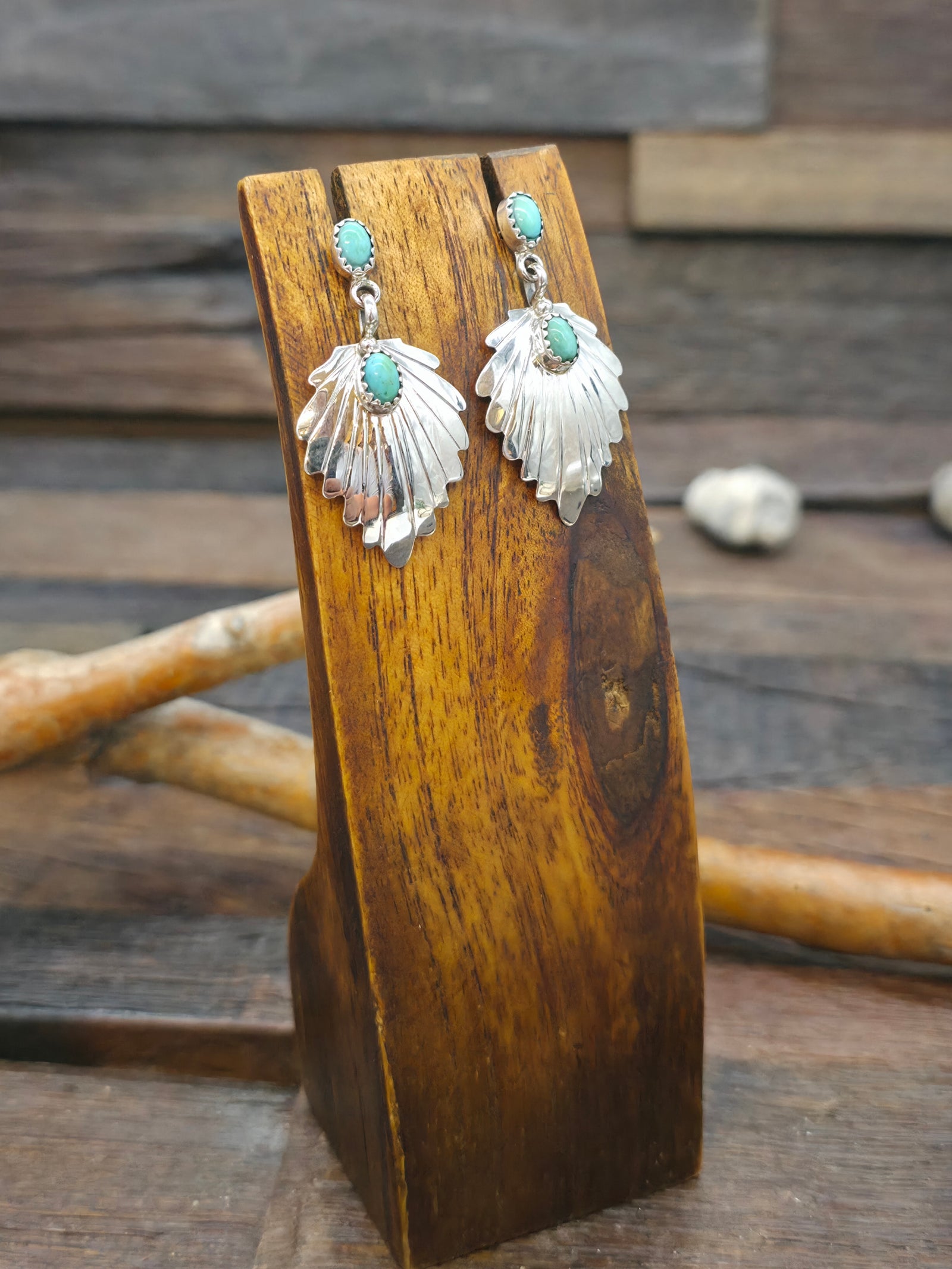 Turquoise and Sterling Silver Feather Earrings by Genevieve Francisco - 1 5/8 in. by 3/4 in.