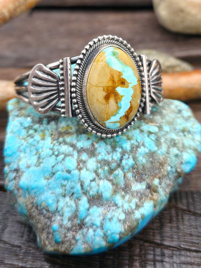 Stamped Sterling Silver Boulder Turquoise Cuff by Leon Martinez - 6 in. with Gap