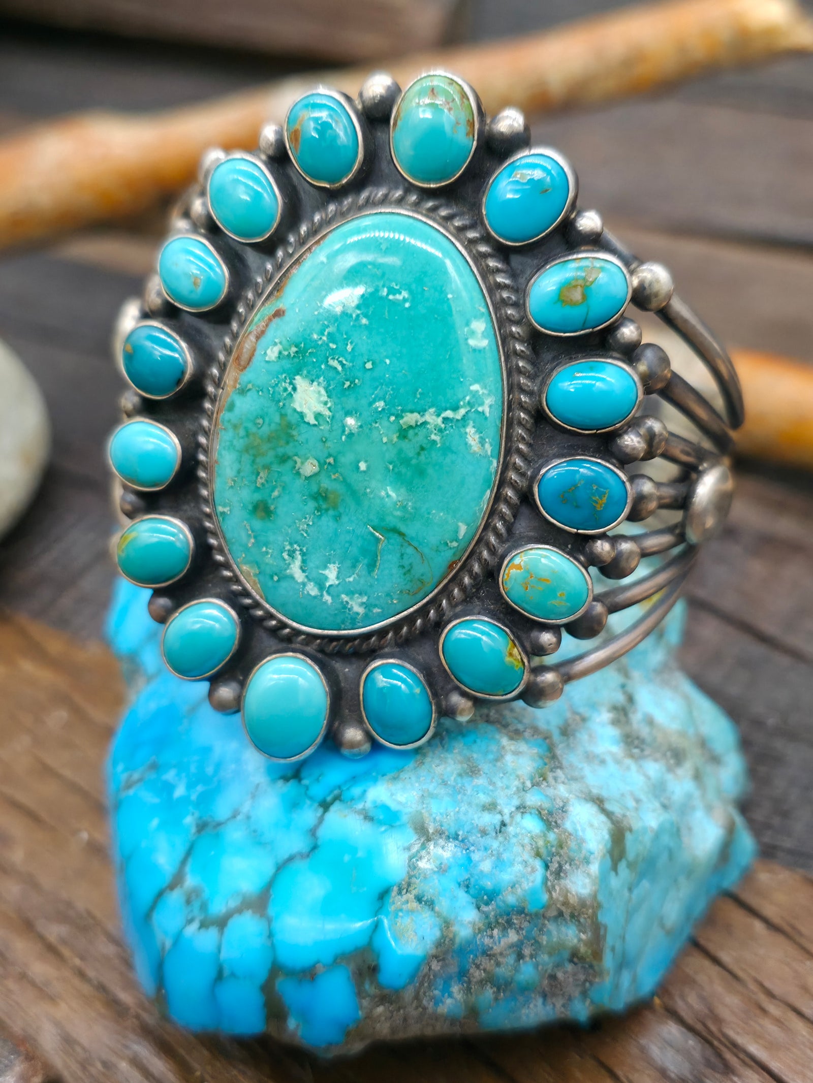 Sterling Silver Fox Turquoise Cluster Cuff Bracelet by Verdy Jake - 6 1/4 in. with Gap
