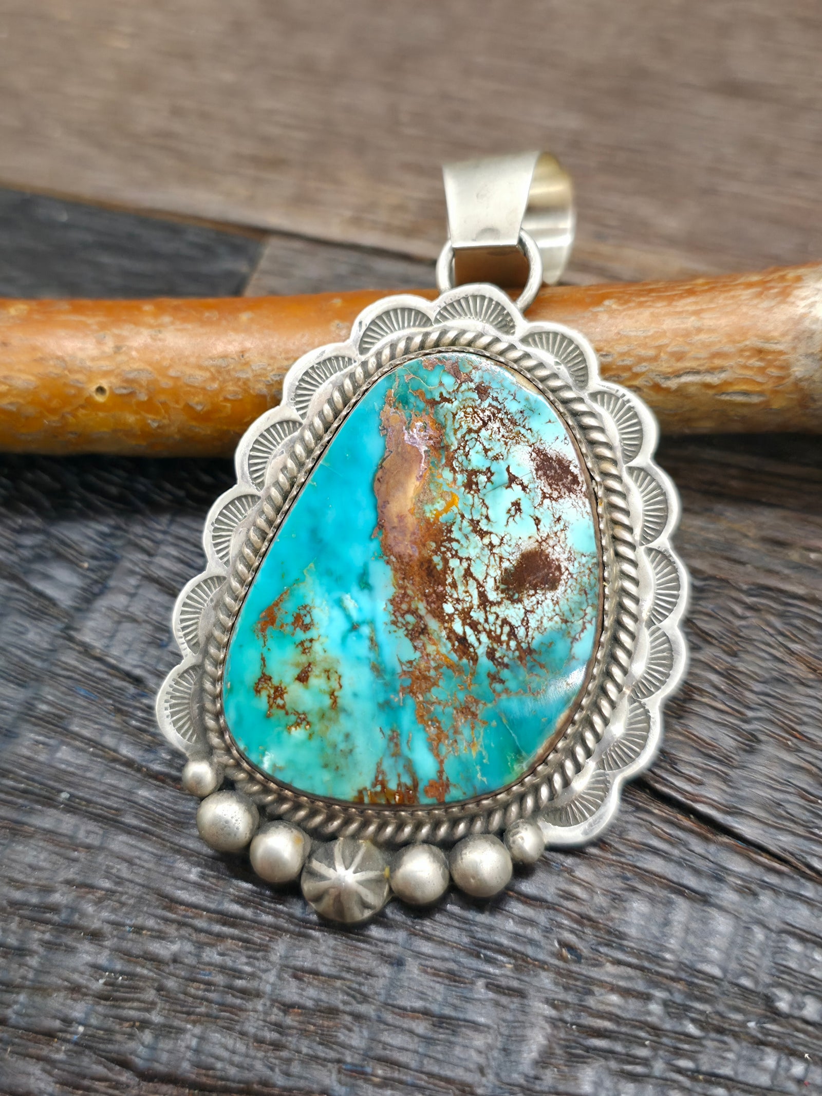 Stamped Sterling Silver Royston Turquoise Pendant by LaRose Ganadanegro - 3 in. by 1 1/2 in.