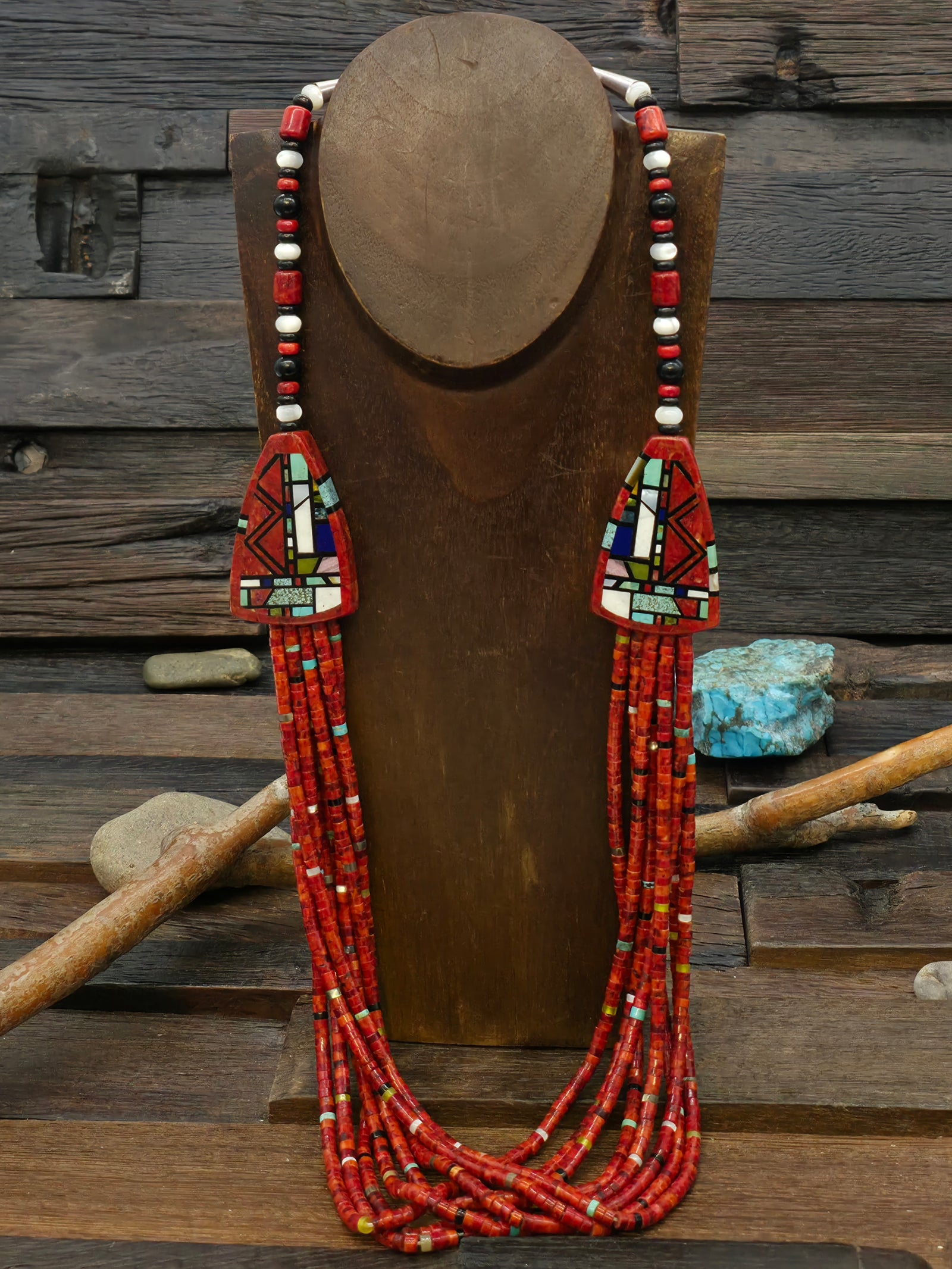 Eight Strand Apple Coral Necklace with Mosaic Inlay by Chris Nieto - 32 in.