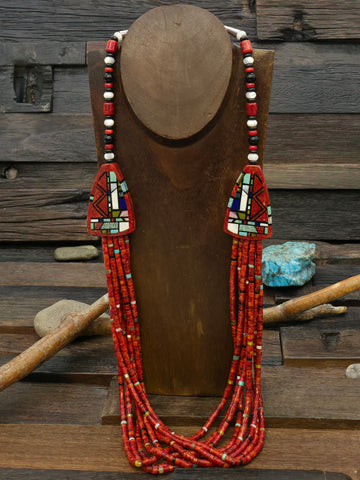 Three Strand White Shell and Mosaic Inlay Necklace and Earring Set by Delbert and Torevia Crespin - 26 in.