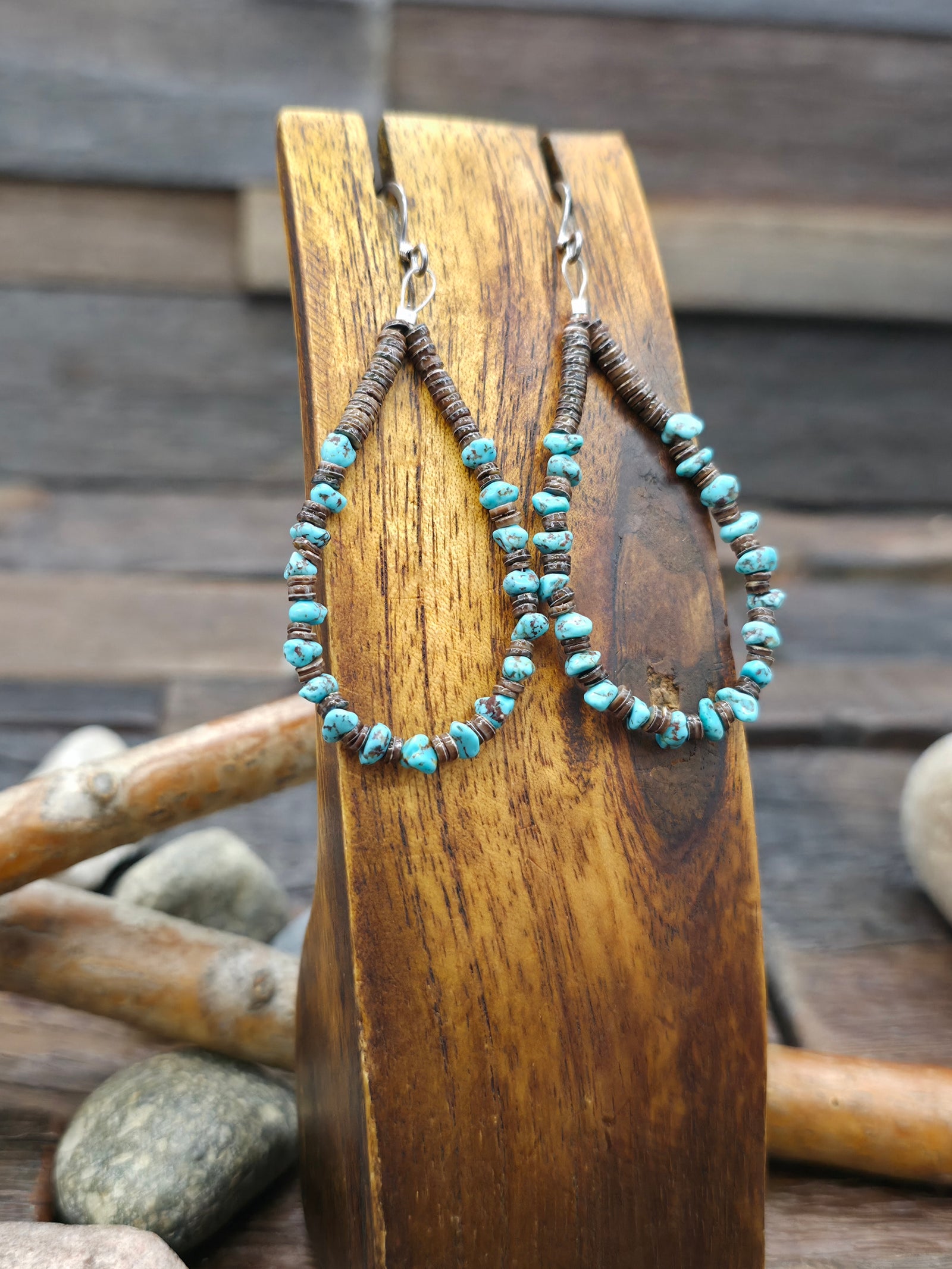 Olive Shell Heishi and Mini Turquoise Nugget Earrings by Jeanette Calabaza - 2 3/4 in. by 1 in.