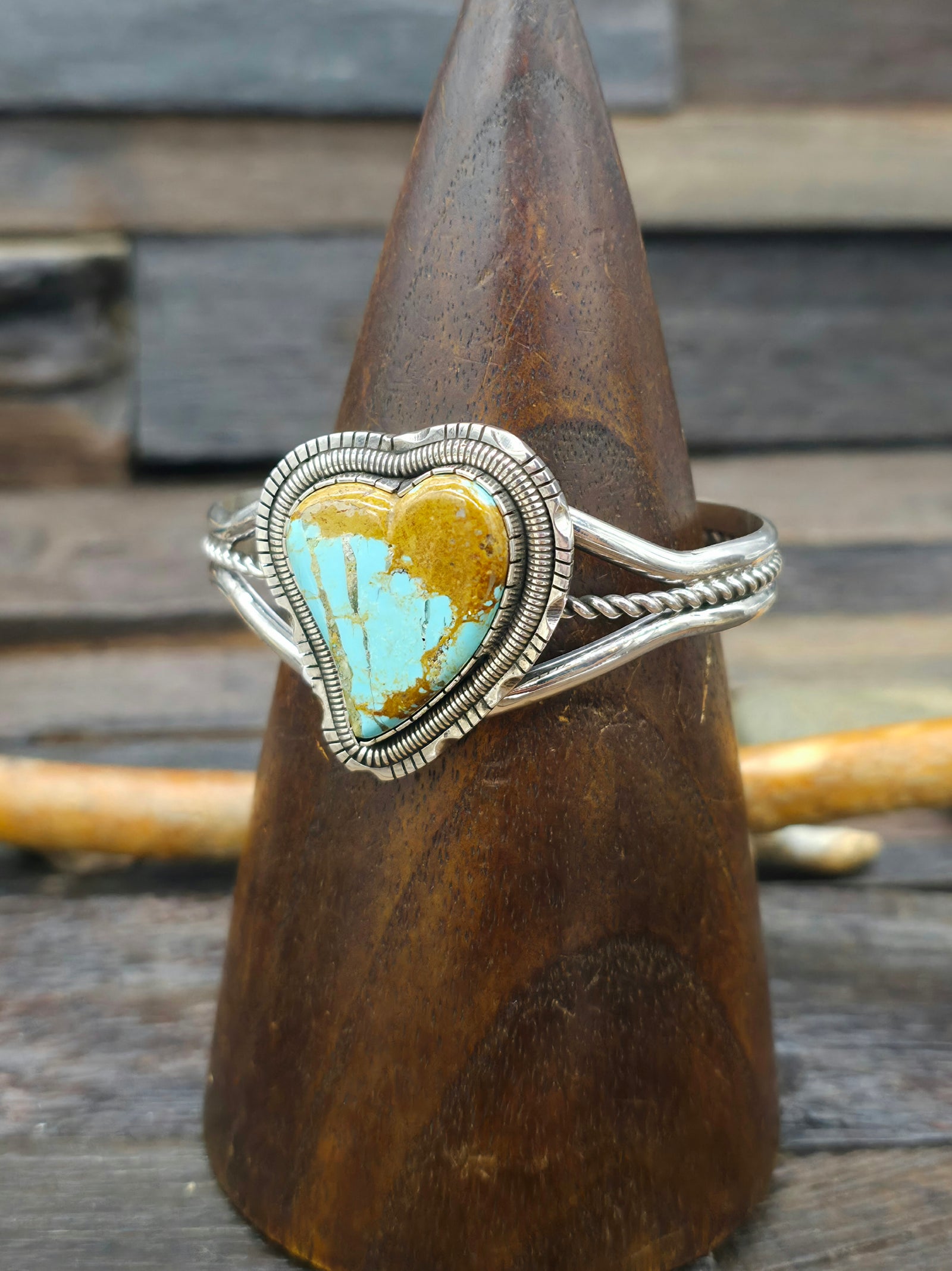 Sterling Silver Turquoise Heart Cuff by Walter Vandever - 6 3/4 in.