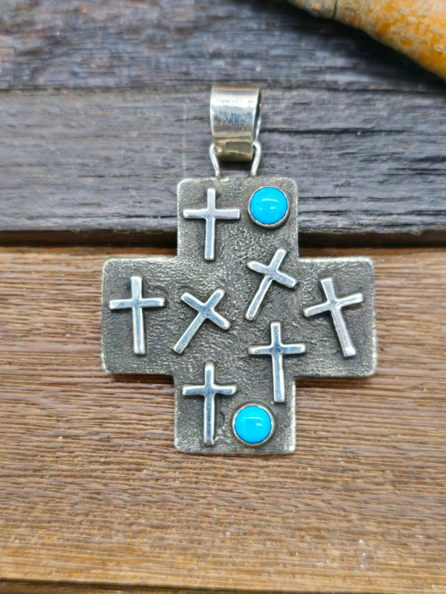 Cross-Shaped Sterling Silver Turquoise Pendant by Ernest Rangel