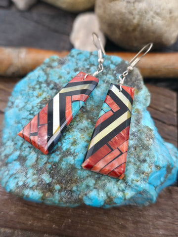 Louise Pete Turquoise Slab Earrings with Feathers