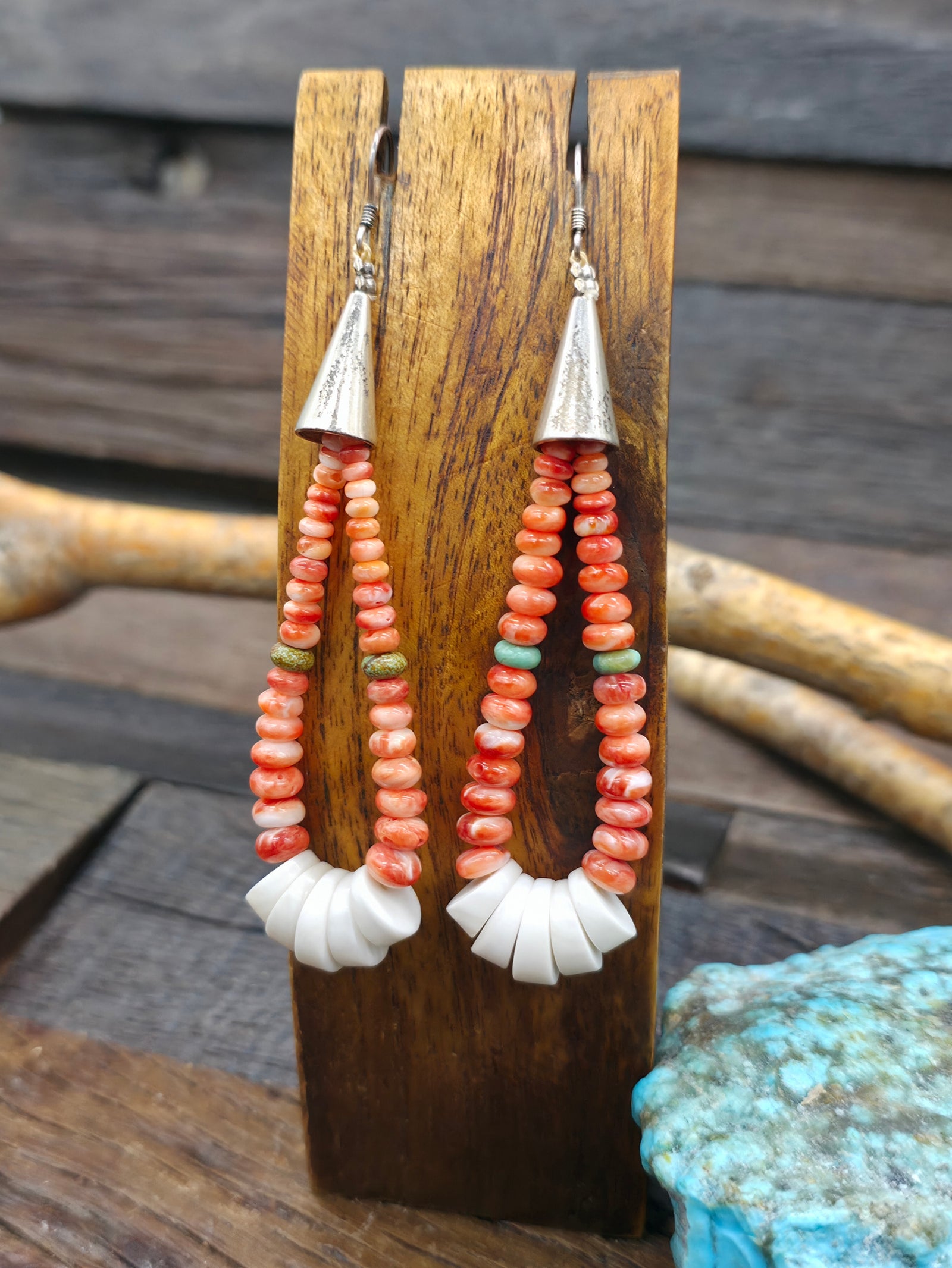 Spiny Oyster and Turquoise Jacla Earrings by Teresa Montoya - 3 1/2 in. by 1 in.