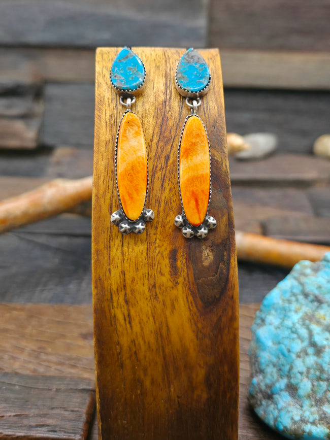Sterling Silver Turquoise and Spiny Earrings by Selena Warner - 2 1/2 in. by 1/2 in.