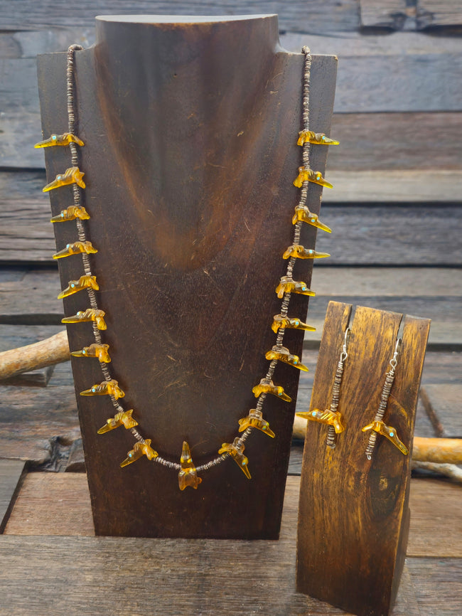 Amber Carved Bird Fetish Necklace and Earring Set - 27 in.
