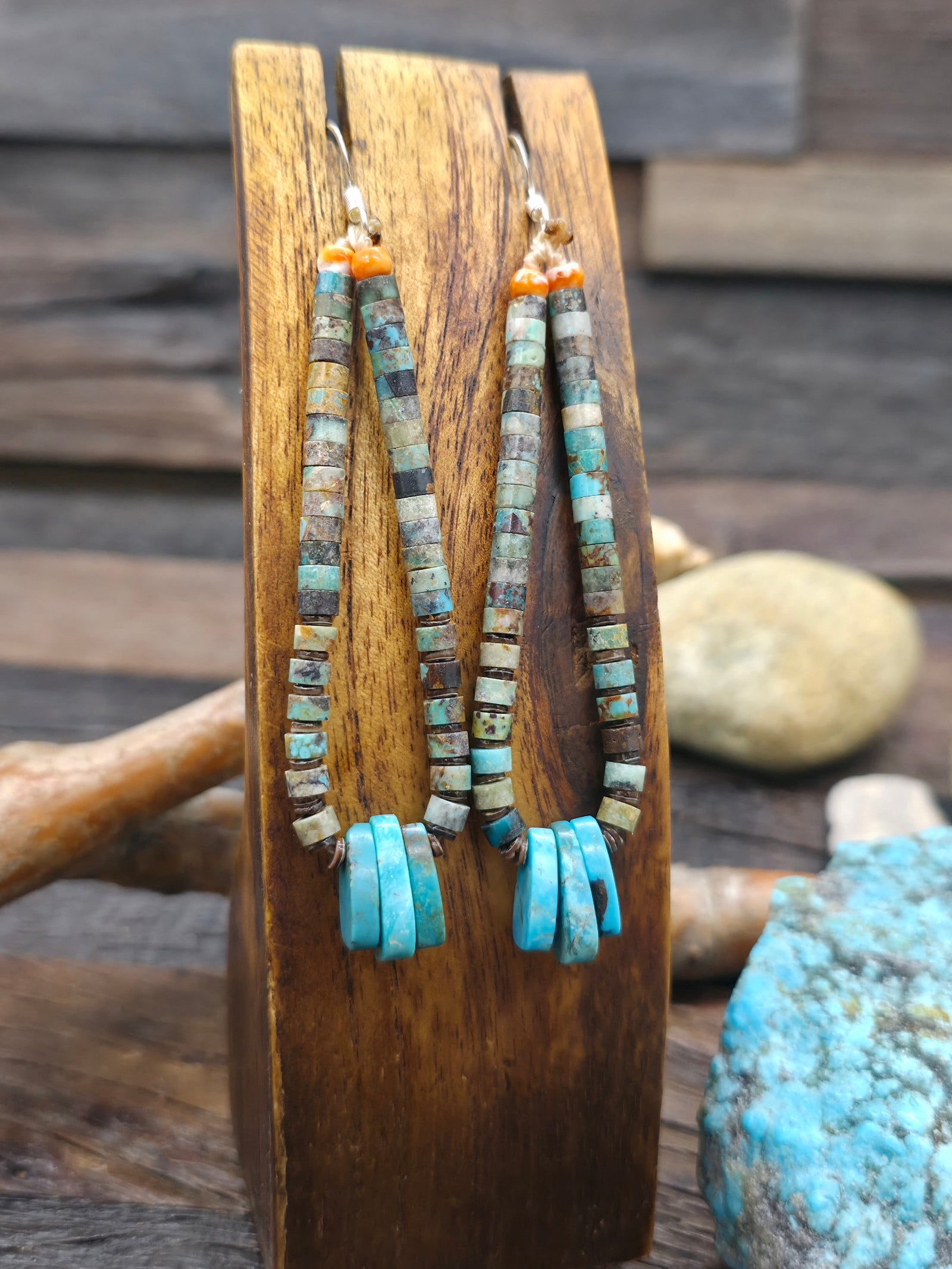 Green Turquoise Heishi and Blue Turquoise Jacla Earrings by Robert Coriz - 3 1/2 in. by 5/8 in.