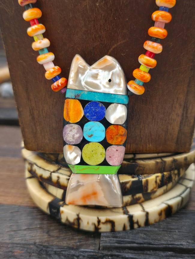 Turquoise and Spiny Oyster Necklace with Mosaic Inlay Fish Pendant by Mary Tafoya - 22 in.