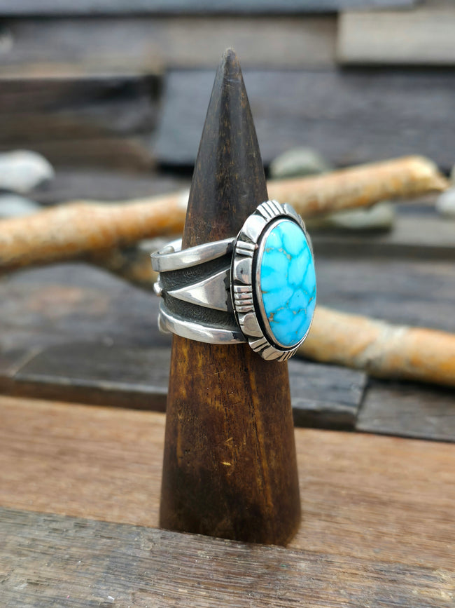 Wide Turquoise and Sterling Silver Ring by C. Willie - Size 11