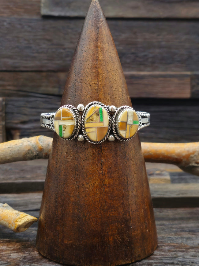 Three-Stone Boulder Turquoise Inlay Sterling Silver Cuff by L. Ganado - 6 1/2 in
