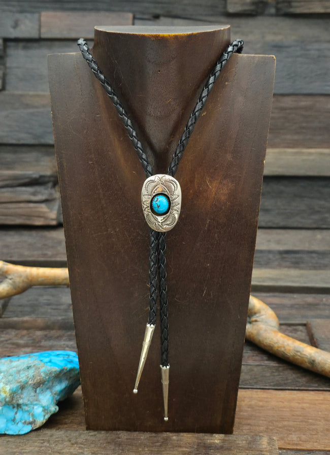Stamped Sterling Silver Shadowbox Bolo with Turquoise