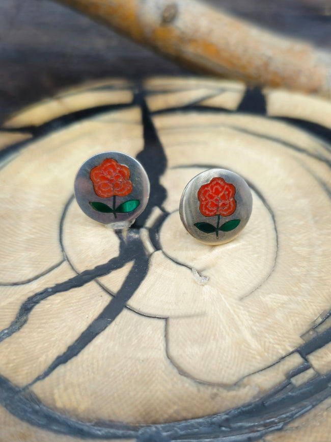 Sterling Silver Rose Zuni Inlay Earrings