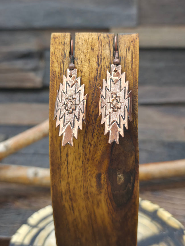 Stamped and Etched Copper Earrings by Florence Tahe - 2 in. by 3/4 in.