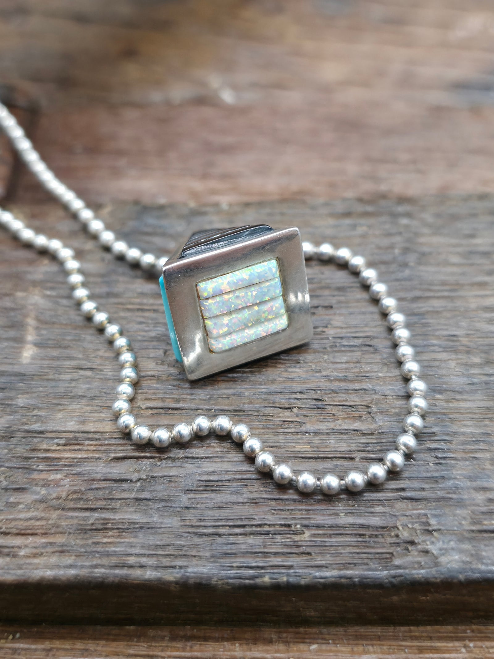 Sterling Silver Cobblestone Inlay Pyramid Pendant on 17 in. Ball Chain - Turquoise, Lapis, Onyx, Sugilite, Lab Opal