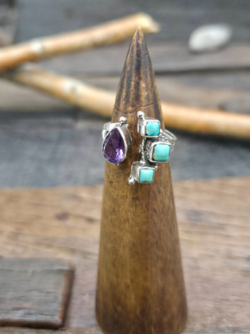 Sterling Silver Leaf Applique Amethyst Ring with Captured Turquoise Ring by Gilbert Smith - Size 7