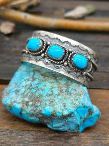Large Sterling Silver Turquoise Cluster Statement Ring by Geneva Apachito - Size 9