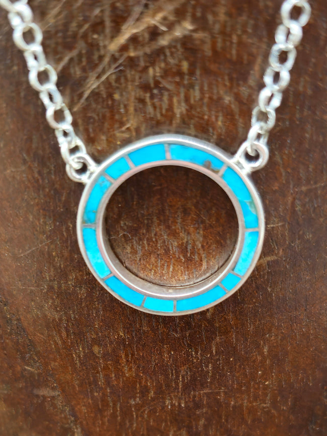 Circular Turquoise Inlay Sterling Silver Necklace - 18 in