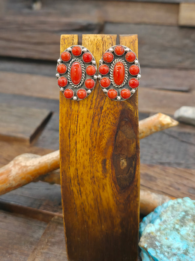 Sterling Silver Coral Cluster Earrings by Spencer - 1 1/8 in. by 7/8 in.