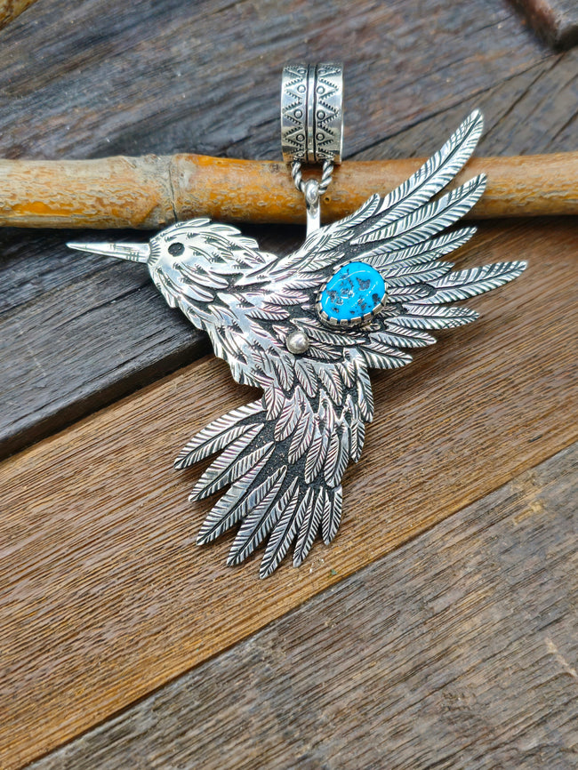 Large Sterling Silver and Turquoise Hummingbird Pendant by Richard Singer