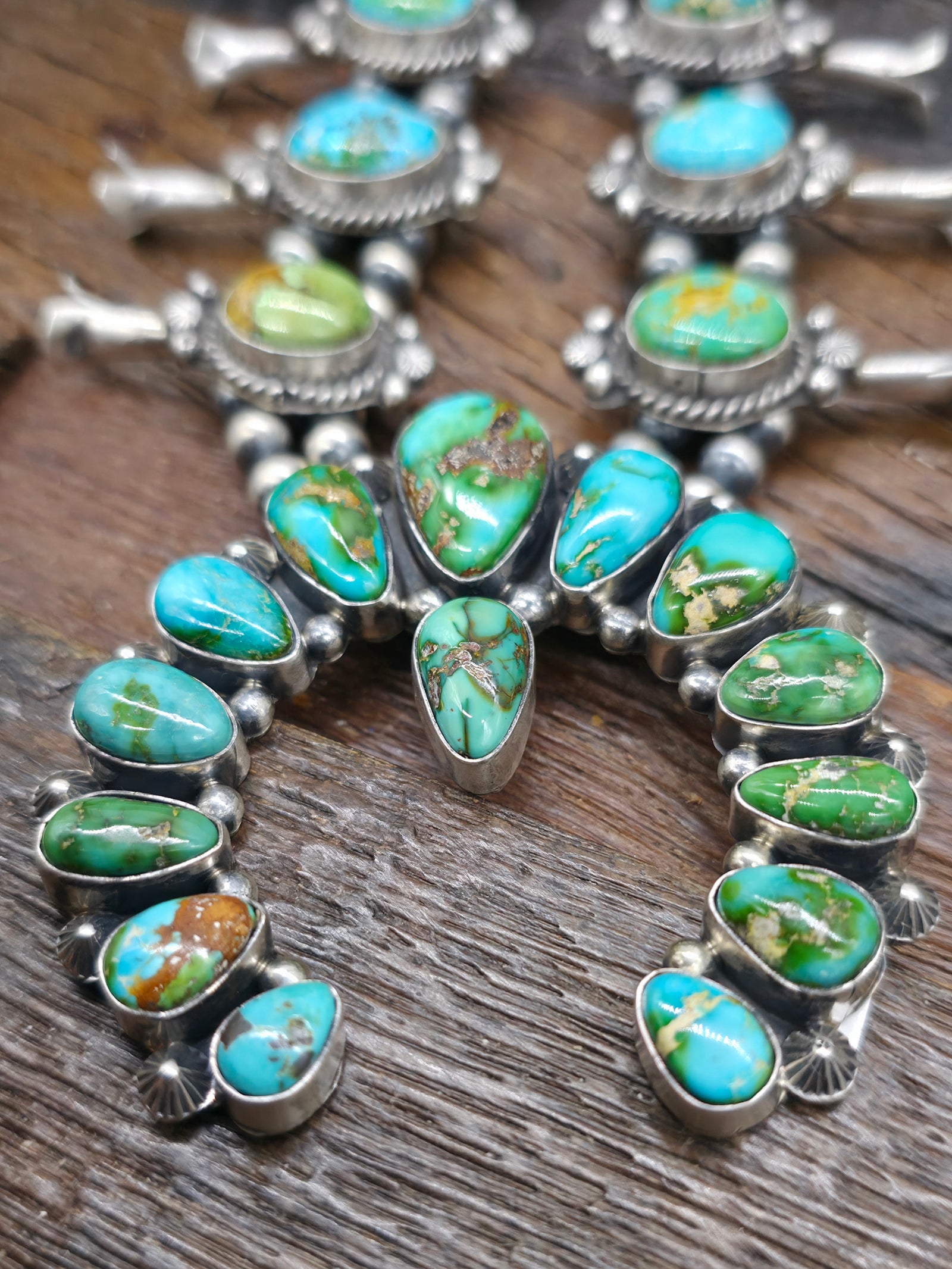 Sterling Silver Sonoran Turquoise Squash Blossom Necklace and Earring Set by Theresa Smith - 22 in.