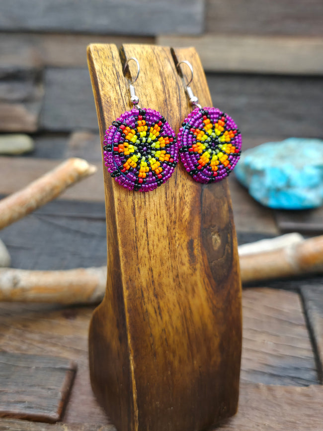 Beadwork Purple and Yellow Flower Basket Design Earrings  - 1 3/4 in. by 1 in.