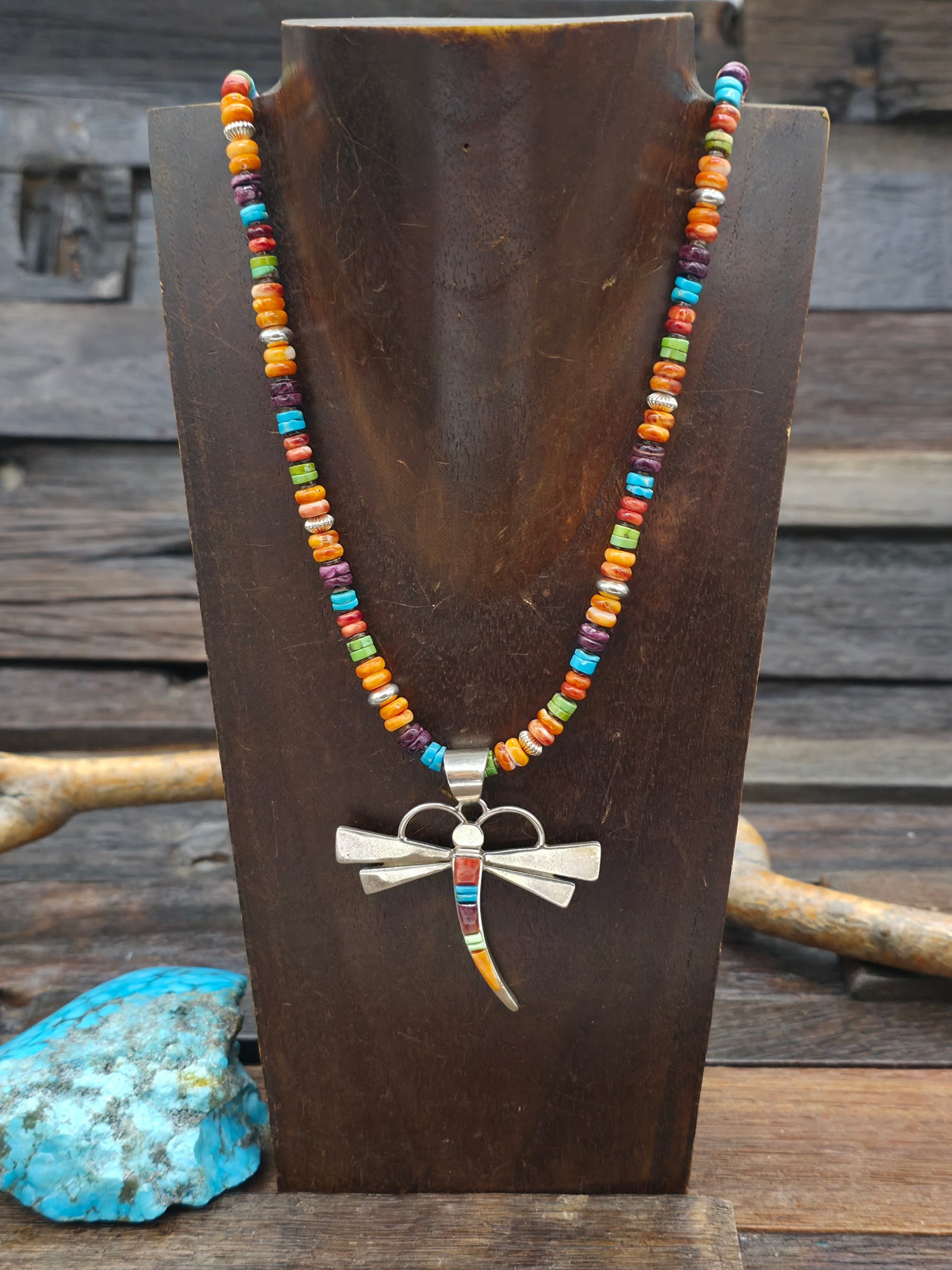 Sterling Silver Dragonfly Inlay Necklace 20in w/2in Extender by Calvin Begay