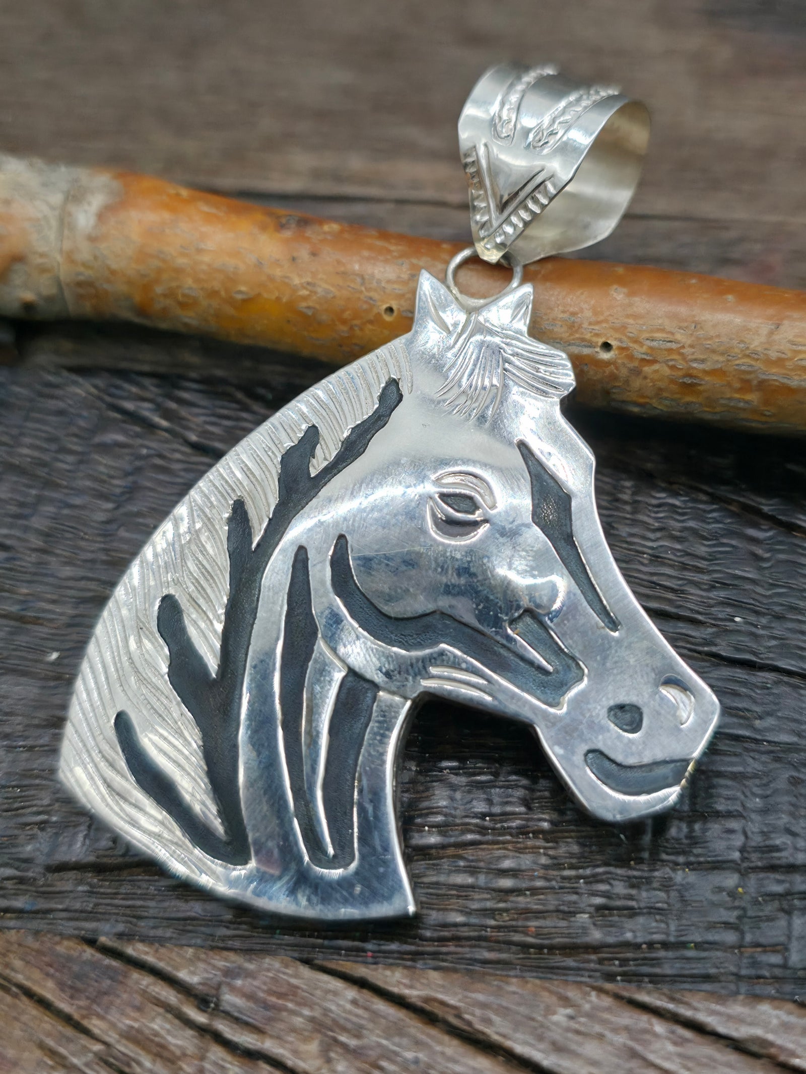 Sterling Silver Overlay Horse Head Pendant by Alonzo Mariano - 3 in. by 2 1/4 in.