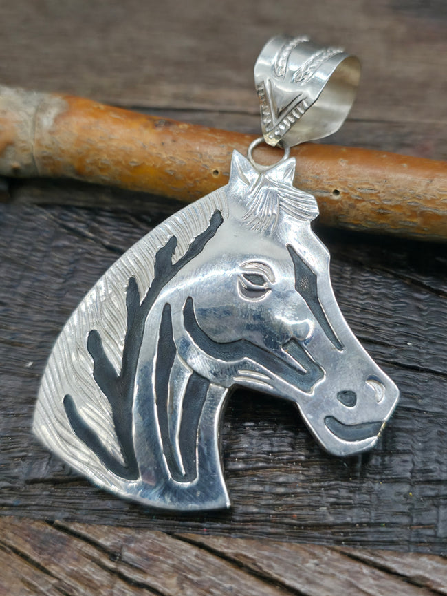 Sterling Silver Overlay Horse Head Pendant by Alonzo Mariano - 3 in. by 2 1/4 in.