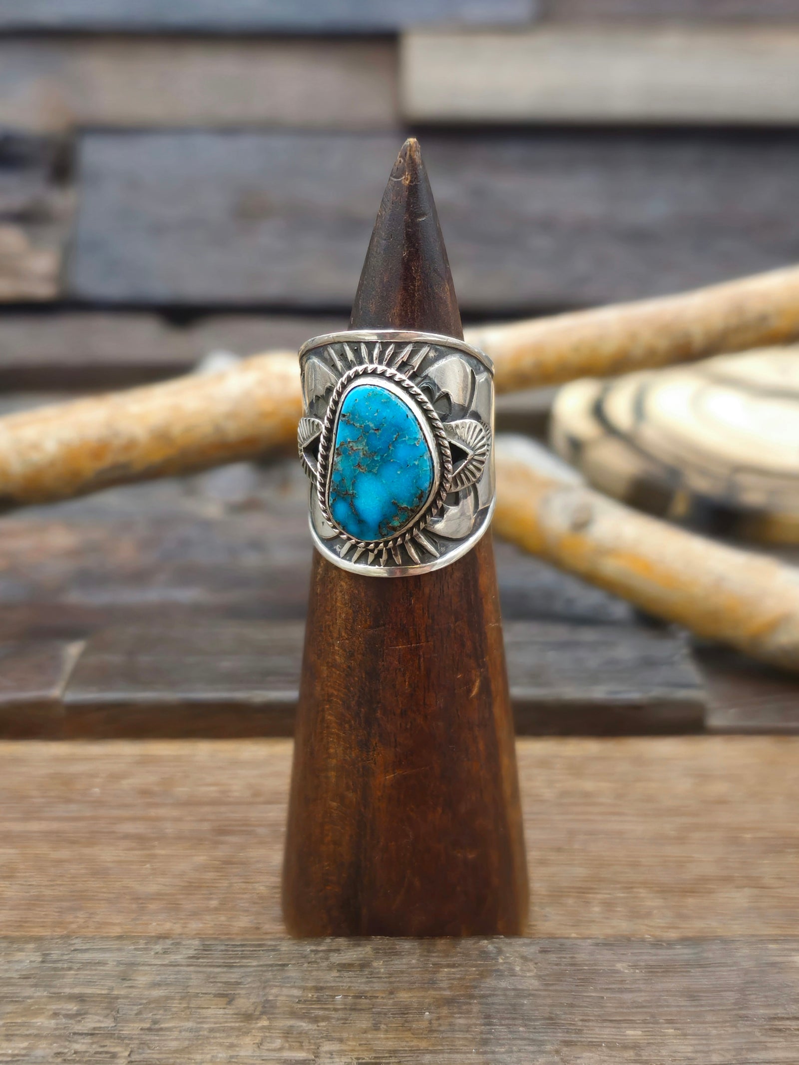 Stamped Sterling Silver Turquoise Ring by Derrick Gordon - Size 9