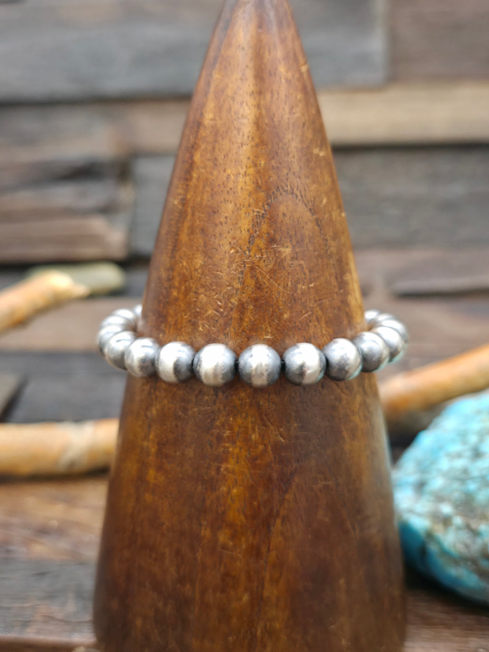 Stretch Oxidized Sterling Silver Bead Bracelet by Bryannen Halwood - 6 in 8 mm.