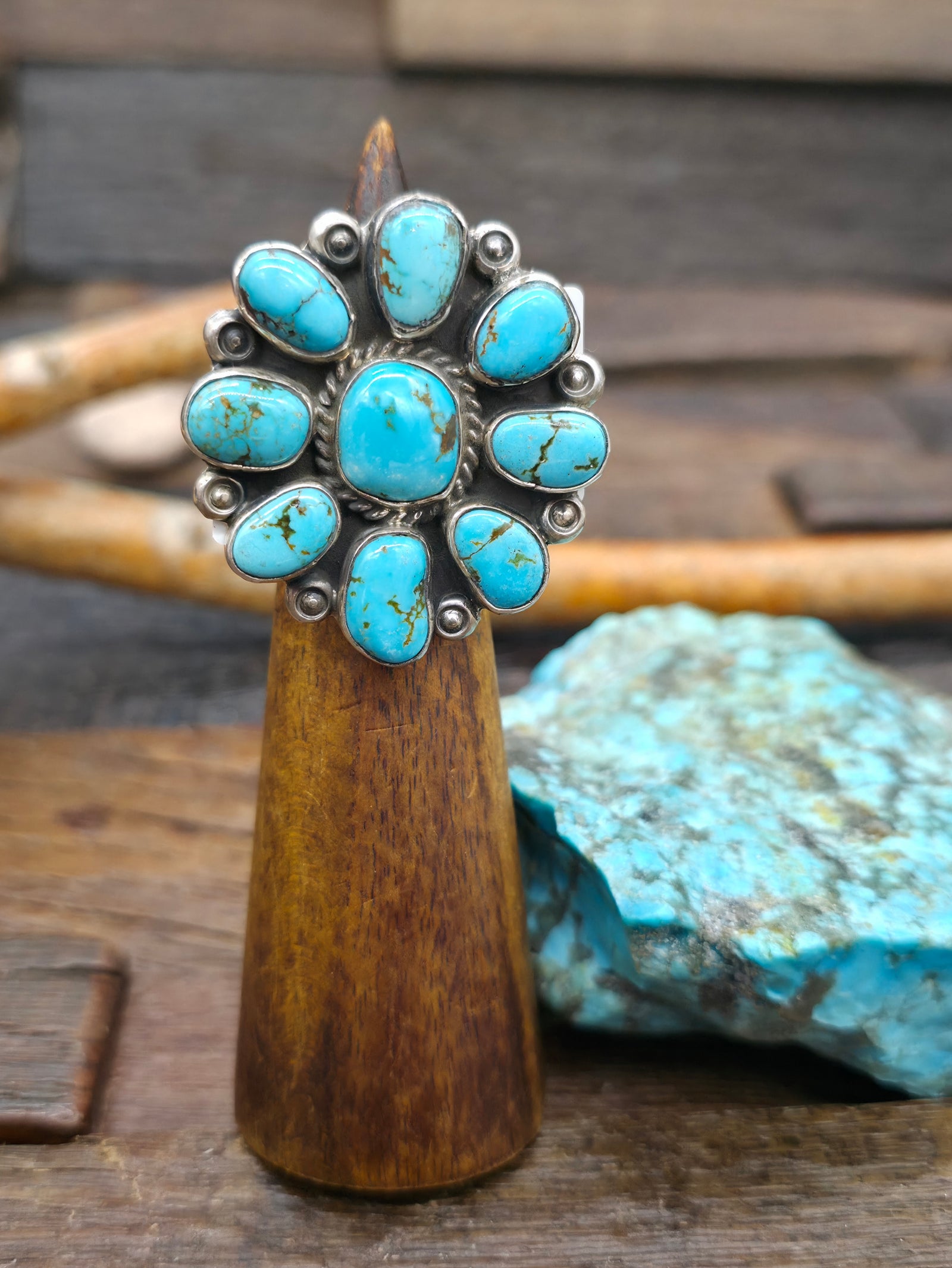 Sterling Silver Lone Mountain Turquoise Cluster Ring by Karlene Goodluck - Adjustable