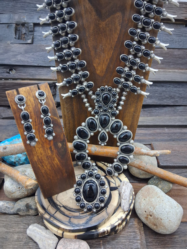Black Onyx Squash Blossom Necklace 3 Piece Set by Freddie Maloney