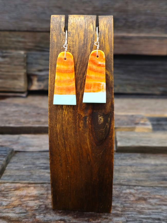 Orange Spiny Oyster and Turquoise Earrings by Marcella Castillo - 1 3/4 in