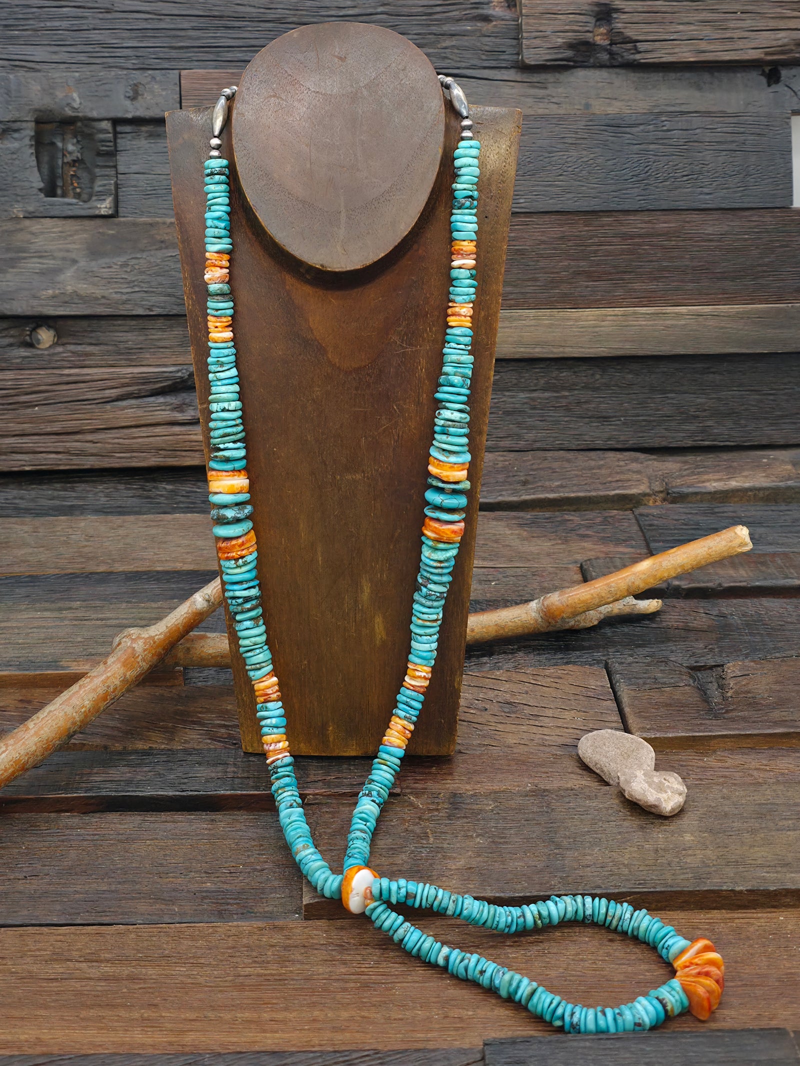 Kingman Turquoise and Spiny Oyster Jacla Necklace with Sterling Silver Beads by K. Goodluck - 30 in. with 5 in. Drop
