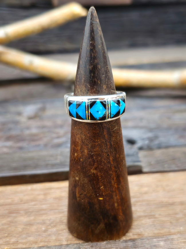 Blue Turquoise, Onyx, and Opal Inlay Sterling Silver Ring by Rick T. - Size 9