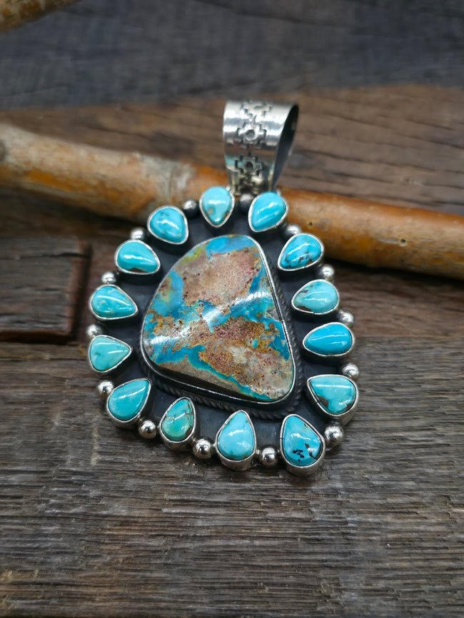 Sterling Silver Blue Gem Boulder Turquoise Cluster Pendant by Rosella Paxton - 3 in. by 2 1/4 in.