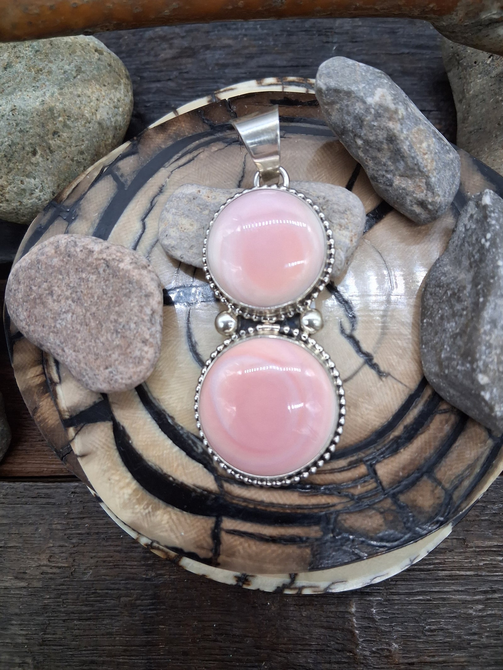 Pink Conch and Sterling Silver Two Stone Pendant by Randy Billy