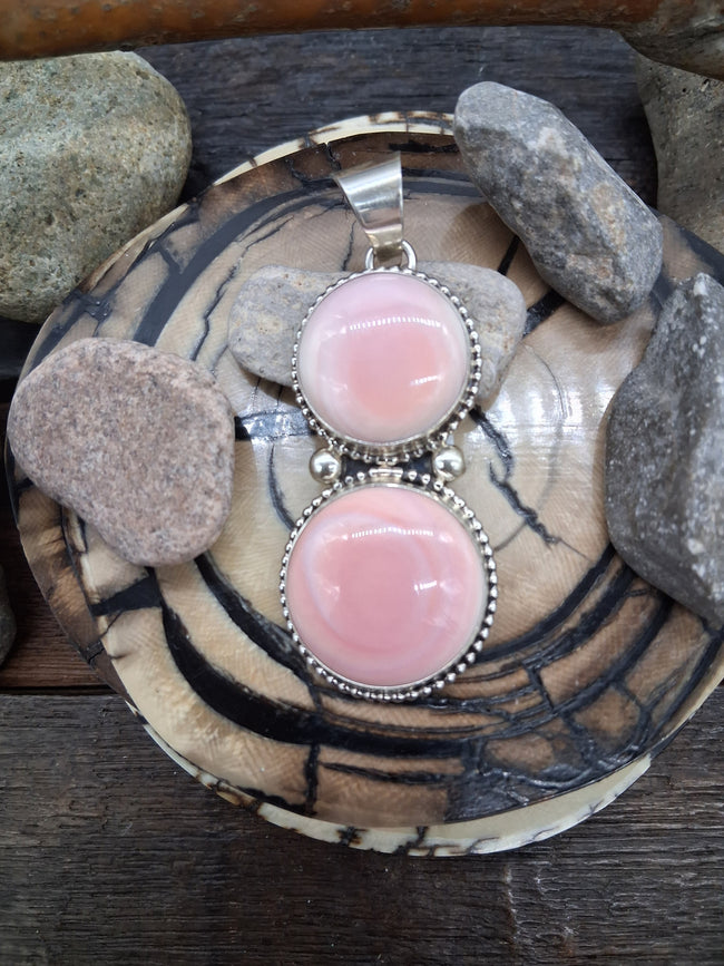 Pink Conch and Sterling Silver Two Stone Pendant by Randy Billy