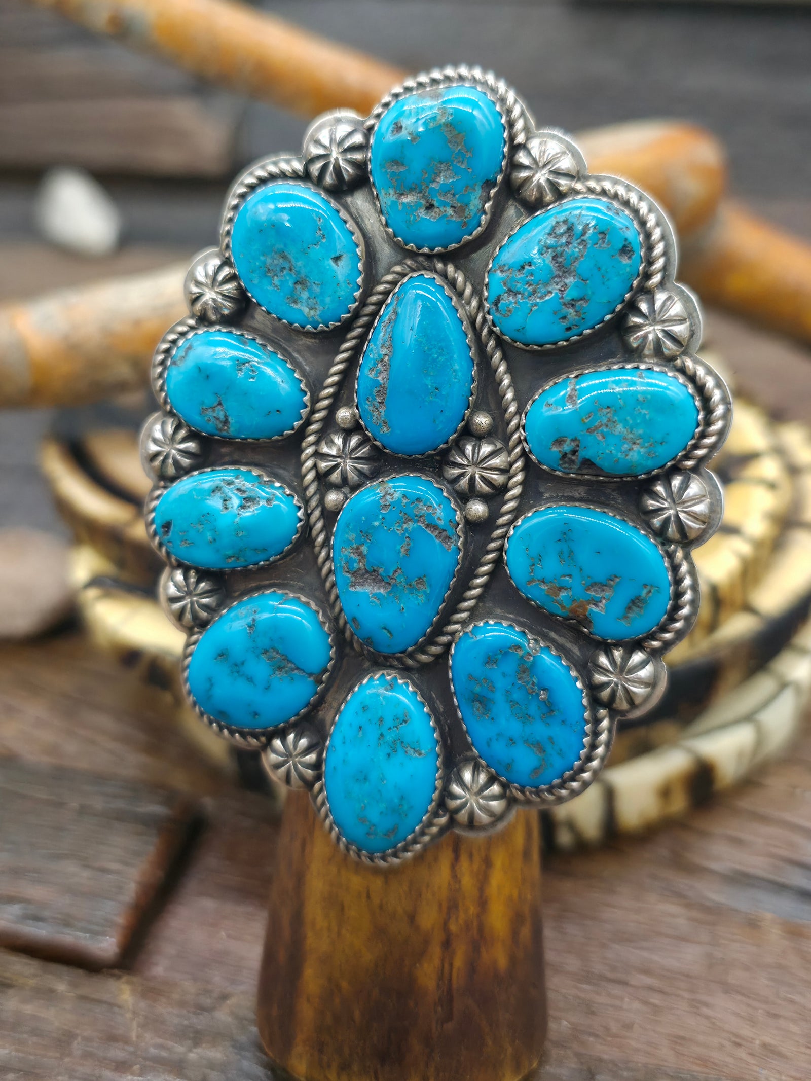 Sterling Silver Kingman Turquoise Cluster Ring by Kyle Wilson - Adjustable
